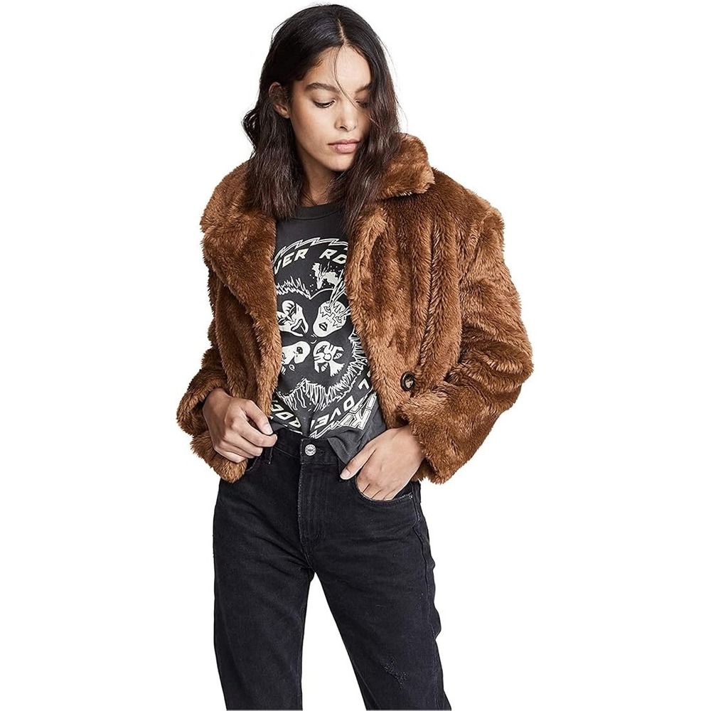 Free People Mena Ginger Brown Faux Fur Cropped Jacket Coat Size M Notched Collar